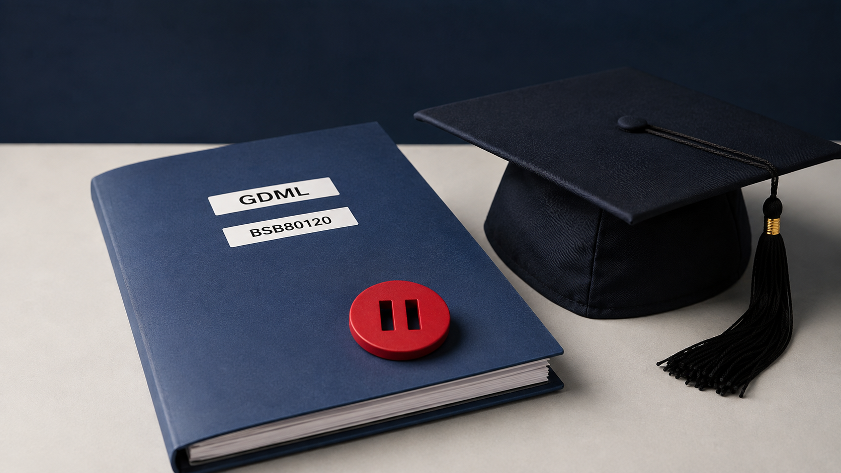 GDML and BSB80120 course folder beside a graduation cap and red pause marker