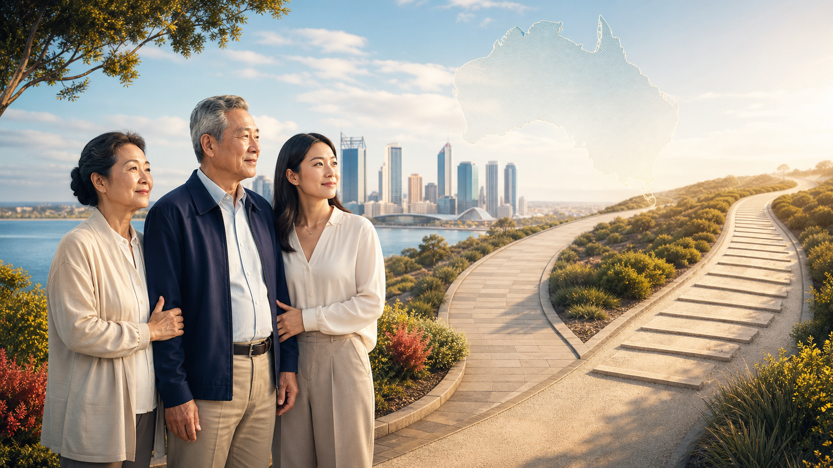 Original editorial image of older Chinese parents and their adult daughter planning Australian parent visa and reunion options in Perth