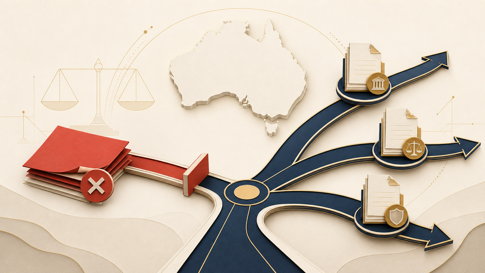 Original illustration of Australia's Section 48 visa application bar and prescribed pathways