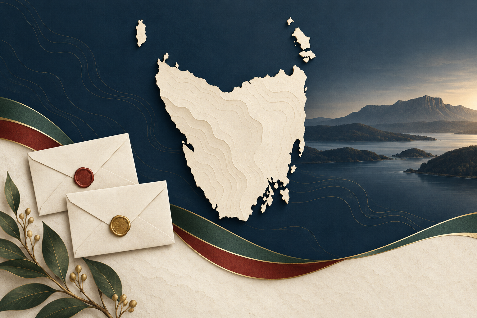 Original editorial image of Tasmania, two invitation envelopes and layered topographic lines