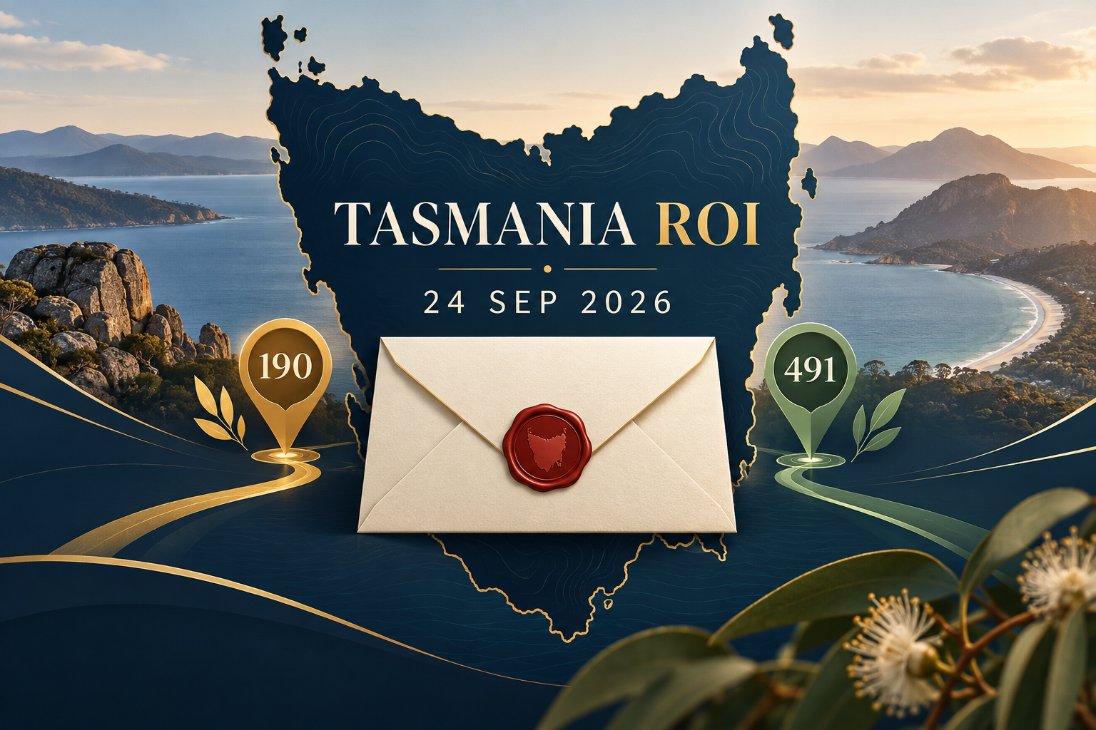 Original editorial cover showing Tasmania, an invitation envelope and the 190 and 491 pathways