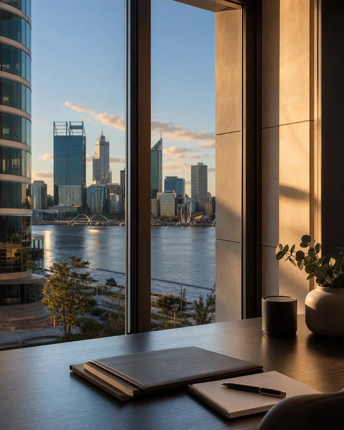 Perth skyline and Swan River from a professional planning workspace